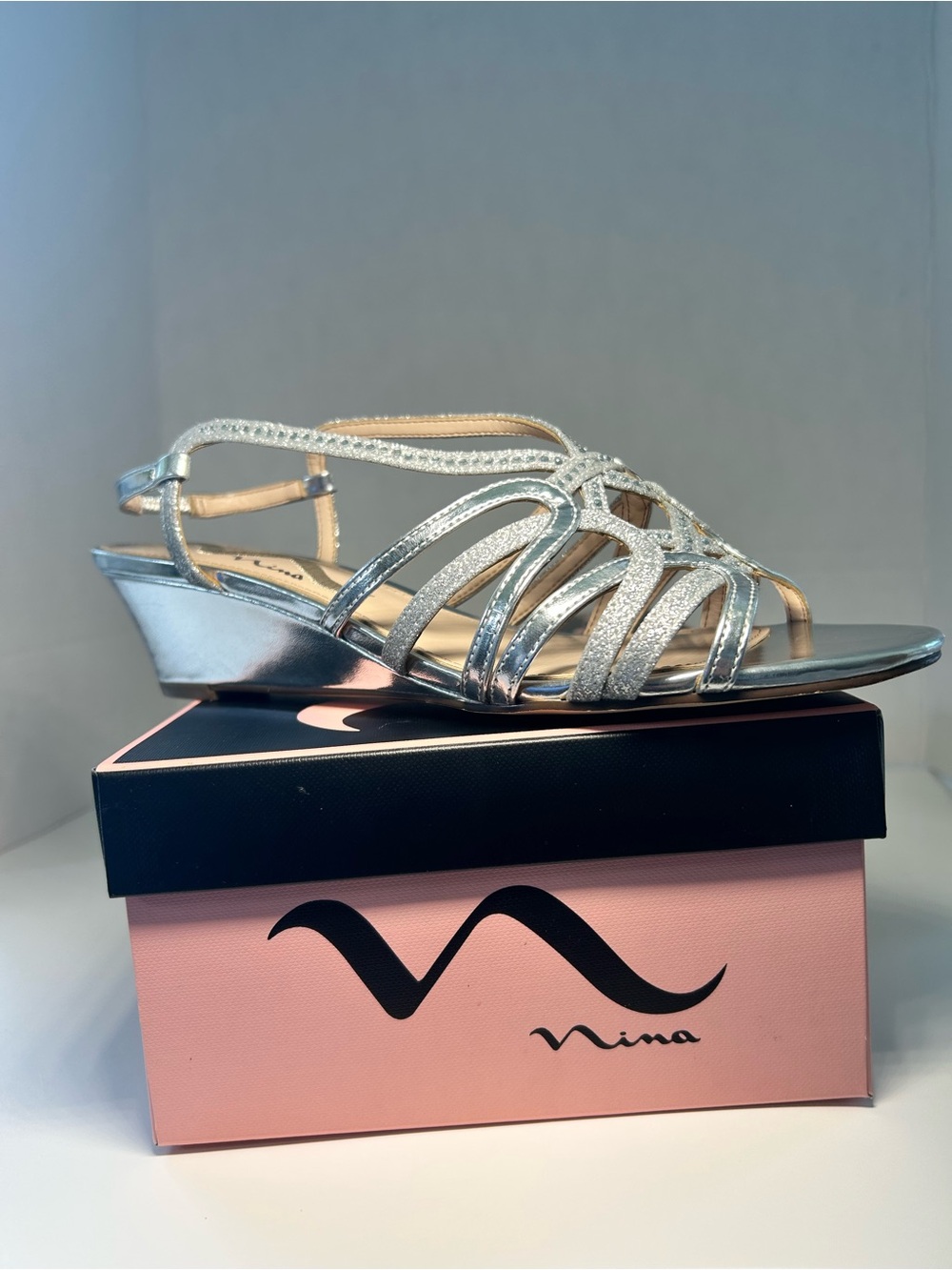 Nina Silver Metallic Strappy Low Wedge Sandals with Sparkle